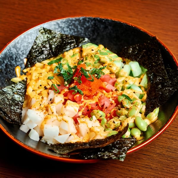 Spice Club's colorful poke bowl with tuna, scallops, edamame, avocado, and roe, served with nori.