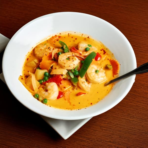 Spice Club's vibrant shrimp curry with vegetables in a white bowl on a wooden table.